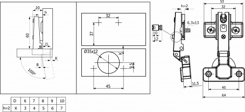 Петля накладная с пружиной 45мм h2 slide-on AKS 55г (еврошурупы)_2