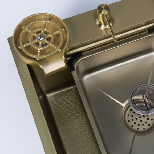 Мойка н/сталь, прямоугольная одночашевая, со смесителем, 750*450мм, соты золото, PVD, врезная на/вровень столешнице, AKS (3,2мм)_6