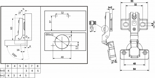 Петля полунакладная с пружиной 48мм h2 slide-on AKS LIGHT 52г_2