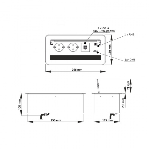 Выдвижной удлинитель Atlas USB, 2 розетки, 2xUSB A, HDMI, LAN, черный, AKS_2