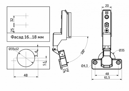 Петля внутренняя с доводчиком 48мм h0 clip-on AKS PLUS 3D узкая (саморезы, заглушки)_2