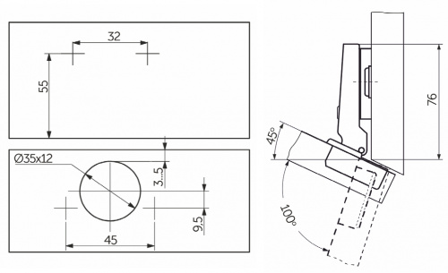 Петля угловая -45° с пружиной 45мм h2 slide-on AKS_5