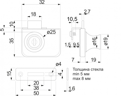 Замок для стеклянной распашной двери механический 407 AKS_2