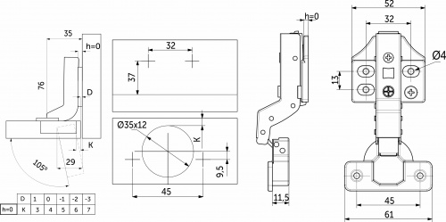 Петля внутренняя без пружины 45мм h0 clip-on PRIME by AKS 3D (саморезы, заглушки) (упак. = 2 шт.)_2