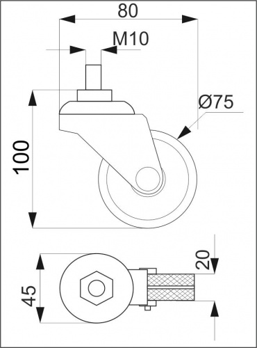 Колесо меб. d75 с винтом М10, черный AKS_2