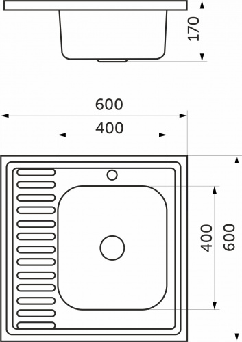 Мойка н/сталь, квадратная одночашевая, 600*600мм, полир хром, мойка справа, накладная, AKS (0,6мм)_2