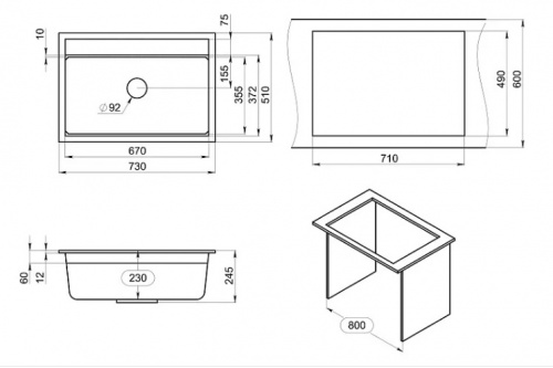 Мойка кварц, прямоугольная, KS-7301, 730*510мм, черный металлик, на столешницу, Granula_2