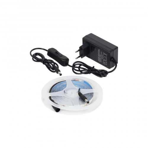 Лента светодиодная - 4,8W/m, 12V, 8мм, 2835, 60 д/м, IP20, теплый белый (3000K) - 5м, + блок питания, AKS_1