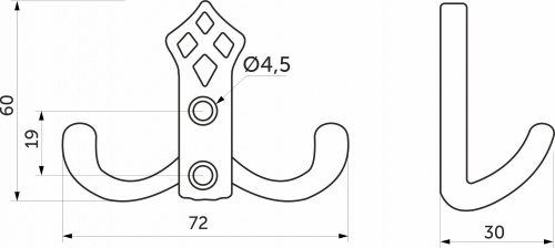 Крючок меб. двухрожковый мет. PALAZZO античное серебро AKS_2