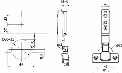 Петля накладная с доводчиком 45мм h0 clip-on AKS PLUS 3D узкая черная (саморезы, заглушки)_2
