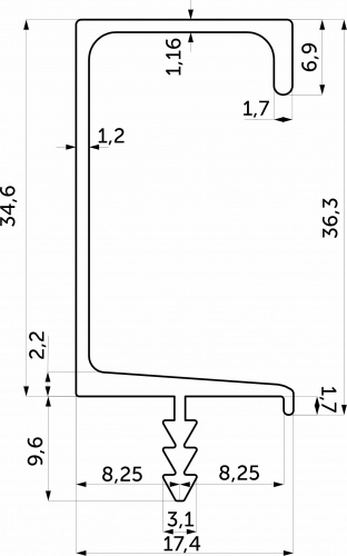 Ручка-профиль алюм. врезная C-образная SUN-16, 3.5м, анодированный черный AKS_2
