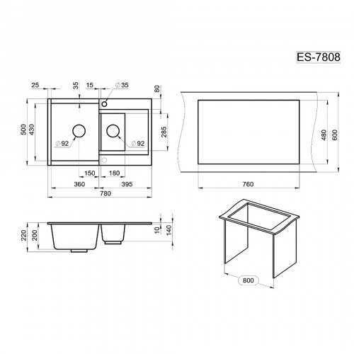 Мойка кварцевая, прямоугольная, GR-7808 Estetica, 780*500мм, базальт, Granula_2