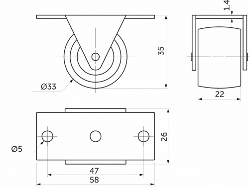 Ролик меб. с рез.ободом d33 h35 прямоходящий, серый РП_2