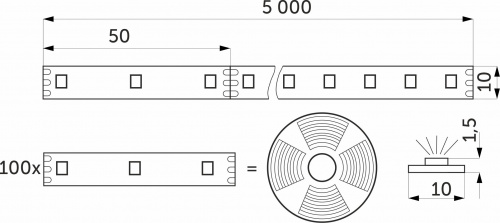 Лента светодиодная RGB SPI ("Бегущий огонь") - 10W/m, 12V, 10мм, 5050, 60 д/м, IP20, цветная - 5м, AKS_2