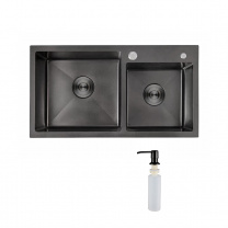 Мойка н/сталь, прямоугольная двухчашевая, 780*430мм, глянец черный, PVD, мойка справа, врезн на/вровень столешнице, AKS (3,2мм)