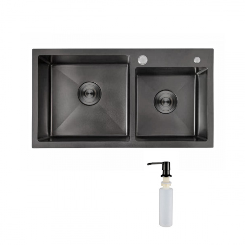 Мойка н/сталь, прямоугольная двухчашевая, 780*430мм, глянец черный, PVD, мойка справа, врезн на/вровень столешнице, AKS (3,2мм)_1