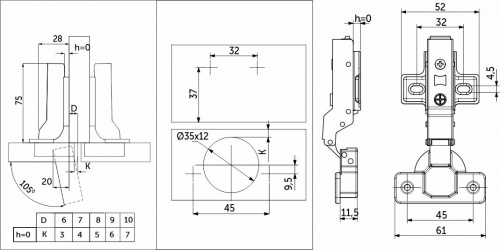 Петля полунакладная без пружины 45мм h0 clip-on PRIME by AKS (саморезы, заглушки) (упак. = 2 шт.)_2