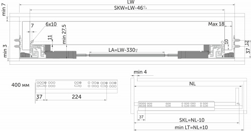 Направляющая скрытого монтажа L-400 push to open + доводчик ДСП до18mm с замками AKS SMART полное выдвижение_2