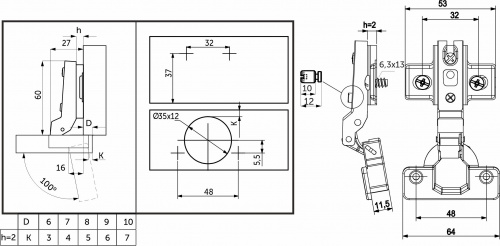 Петля полунакладная с пружиной 48мм h2 slide-on AKS 55г (еврошурупы)_2