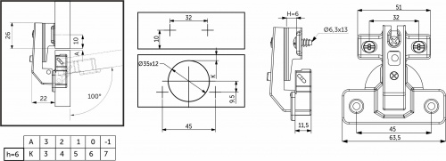 Петля под фальшпанель 90° с пружиной 45мм h6 slide-on AKS (еврошурупы) короткое плечо_2