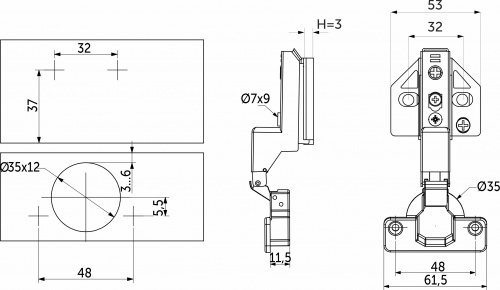 Петля внутренняя с доводчиком 48мм h3 clip-on AKS PLUS 3D (саморезы, заглушки)_2
