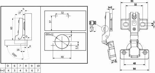 Петля полунакладная с пружиной 48мм h2 slide-on AKS 60г_3