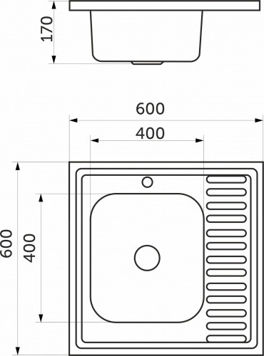 Мойка н/сталь, квадратная одночашевая, 600*600мм, полир хром, мойка слева, накладная, AKS (0,6мм)_2