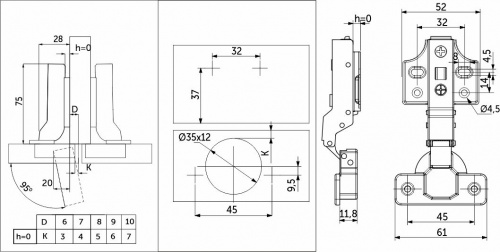 Петля полунакладная с доводчиком 45мм h0 clip-on PRIME by AKS (саморезы, заглушки) д/фасадов до 28мм (упак. = 2 шт.)_2