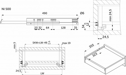 Направляющая скрытого монтажа L-500 с доводчиком ДСП до19mm насадной монтаж AKS 3/4 с фиксаторами_2
