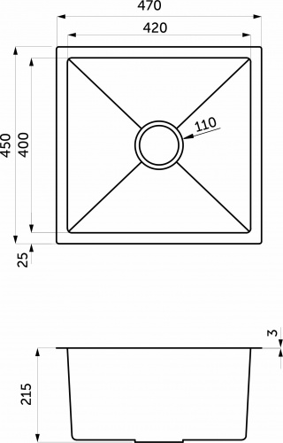 Мойка н/сталь, прямоугольная одночашевая, 470*450мм, сатин, универсальная, AKS (3,2мм)_2