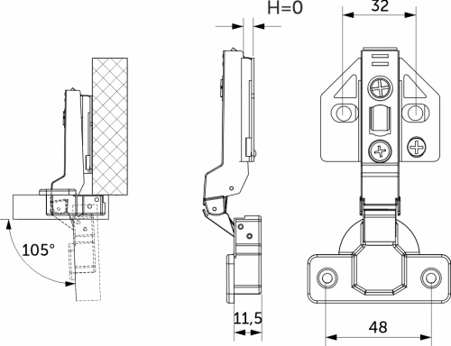 Петля полунакладная с доводчиком 48мм планка h0 clip-on 3D регулировка комплект заглушек с саморезами AKS PLUS_4