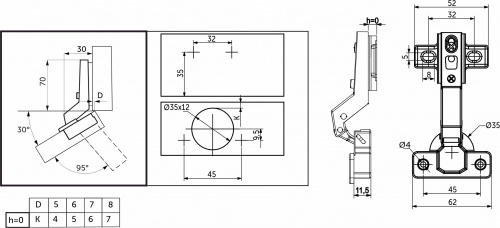 Петля угловая 30° с доводчиком 45мм h0 clip-on AKS_2