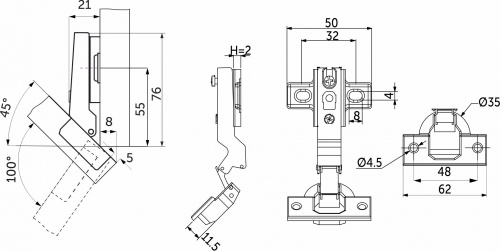 Петля угловая -45° с пружиной 48мм h2 slide-on AKS_2