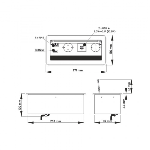 Выдвижной удлинитель 2 розетки, 1xUSB-A, 1xUSB-C, HDMI, LAN, черный, провод 1.5м, HLT_2