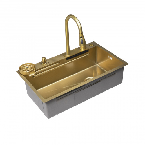 Мойка н/сталь, прямоугольная одночашевая, со смесителем, 750*450мм, соты золото, PVD, врезная на/вровень столешнице, AKS (3,2мм)_4