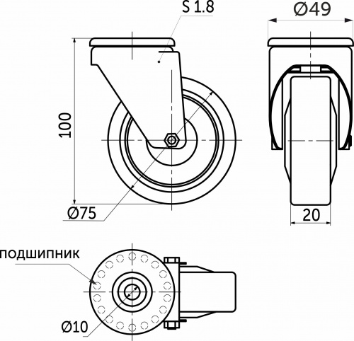 Колесо меб. TECH d75 h100 под винт М10, серый AKS_2