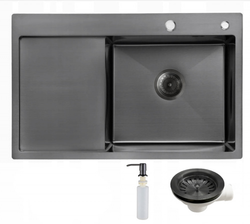 Мойка н/сталь, прямоугольная одночашевая, 780*490мм, мат графит, PVD, мойка справа, с крылом, врезн на/вровень столешнице, AKS (3,2мм)_1