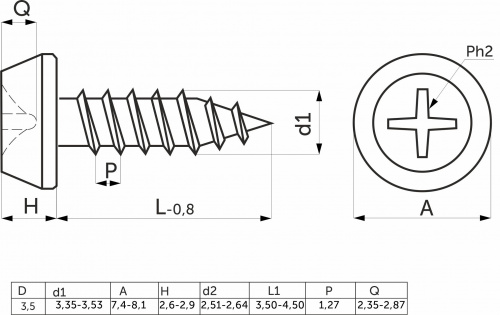 Саморез с полукруглой головкой 3,5*9,5 острый, белый цинк (уп/1тыс.шт) AKS_2