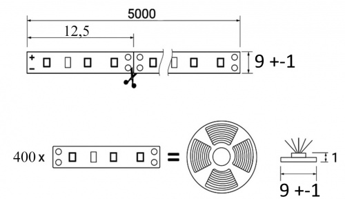Лента светодиодная - 19,2W/m, 12V, 9мм, 2835, 240 д/м, IP20, теплый белый (3000K) - 5м, AKS_2