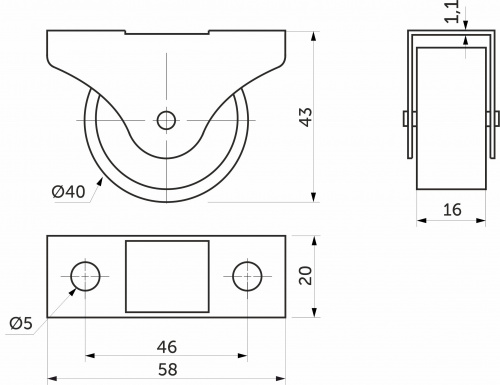 Ролик меб. c рез.ободом d40 h43 прямоходящий, черный AKS_2