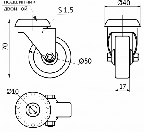 Колесо меб. TECH d50 h70 под винт М10, серый AKS_2