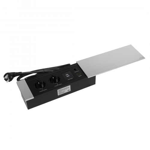 Выдвижной удлинитель Hollander, 2 розетки, 2xUSB, HDMI, LAN, шлиф. сталь AKS_3