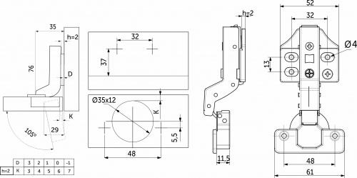 Петля внутренняя без пружины 48мм h2 clip-on PRIME by AKS 3D (саморезы, заглушки) (упак. = 2 шт.)_2