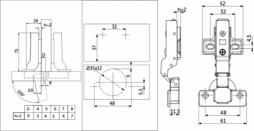 Петля полунакладная без пружины 48мм h2 clip-on PRIME by AKS (саморезы, заглушки) (упак. = 2 шт.)_2