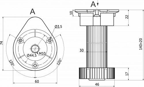 Опора кухонная пласт. h150 трехсоставная с овальным креплением (3 отверстия), черный AKS (1 уп. = 200 шт.)_2
