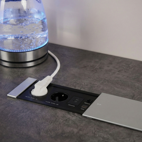 Выдвижной удлинитель Hollander, 2 розетки, 2xUSB A, HDMI, LAN, шлиф. сталь AKS_6