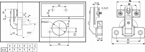 Петля под фальшпанель 90° с доводчиком 45мм h6 несъемная планка AKS (еврошурупы) короткое плечо_2