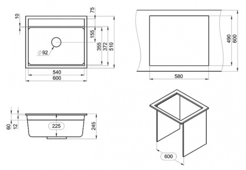 Мойка кварц, прямоугольная, KS-6003, 600*510мм, черный металлик, на столешницу, Granula_2