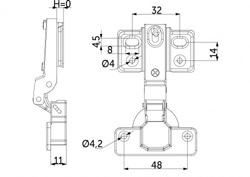 Петля полунакладная с доводчиком 48мм h0 несъемная планка (4 отверстия) AKS LIGHT_2