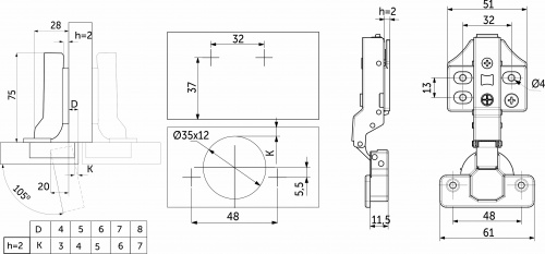 Петля полунакладная без пружины 48мм h2 clip-on PRIME by AKS 3D (саморезы, заглушки) (упак. = 2 шт.)_2